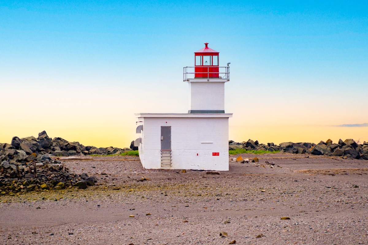 Parrsboro lighthouse at golden hour on the Bay of Fundy